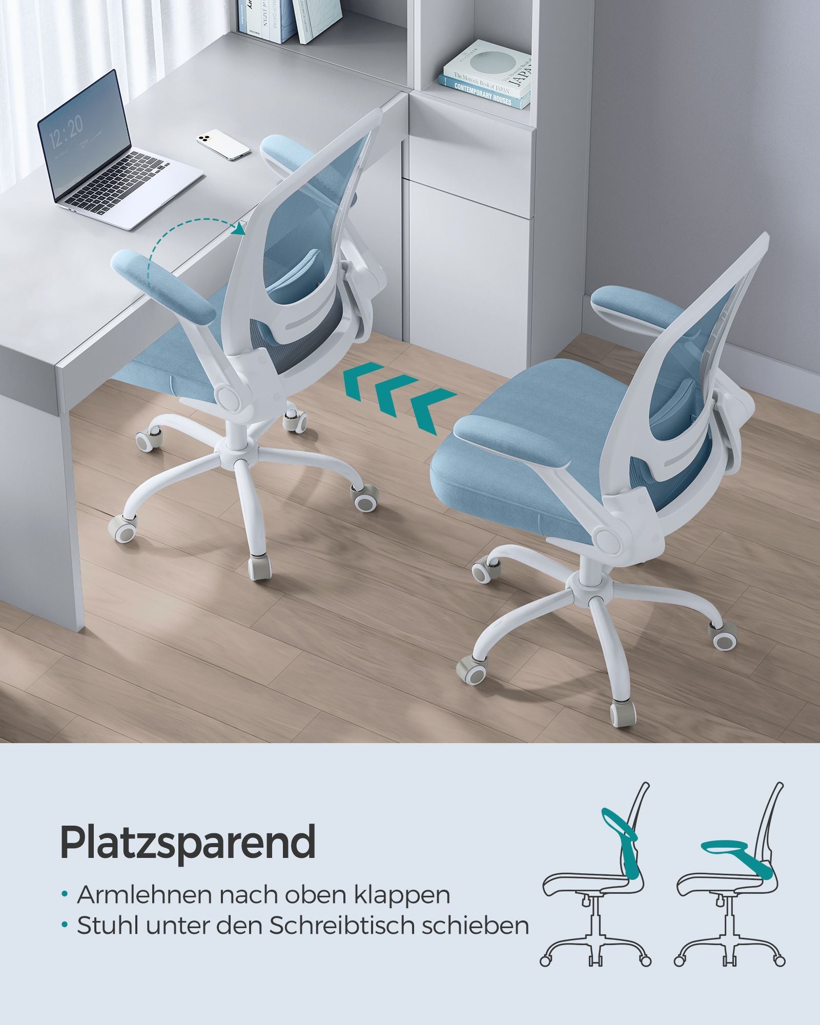 Bureaustoel – ergonomisch – met opklapbare armleuningen – mistblauw