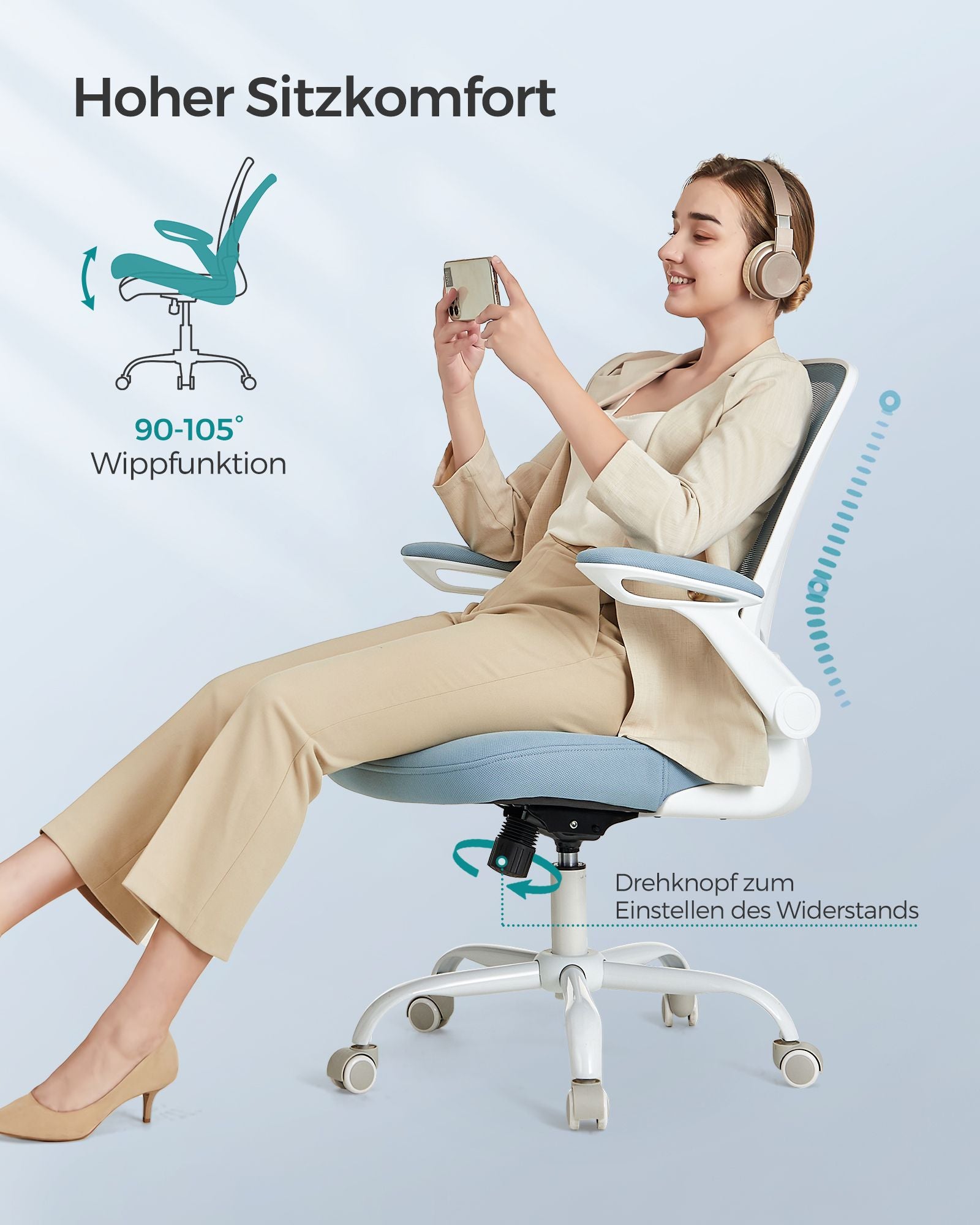 Bureaustoel – ergonomisch – met opklapbare armleuningen – mistblauw