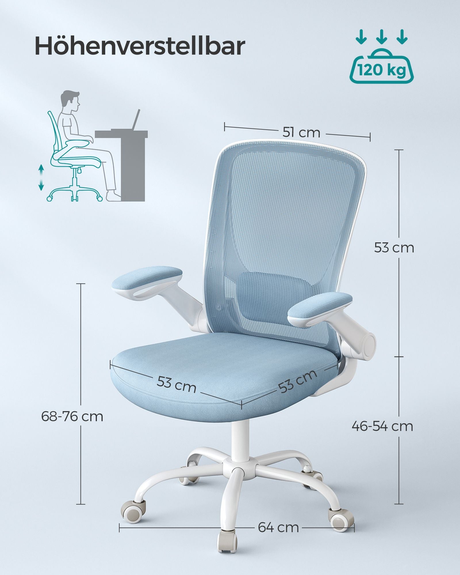 Bureaustoel – ergonomisch – met opklapbare armleuningen – mistblauw