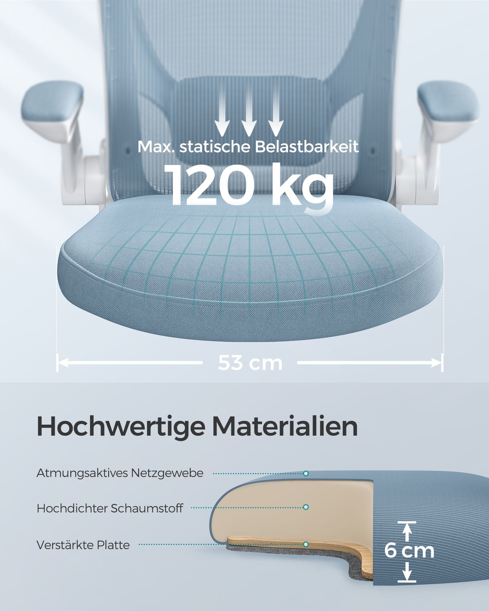 Bureaustoel – ergonomisch – met opklapbare armleuningen – mistblauw