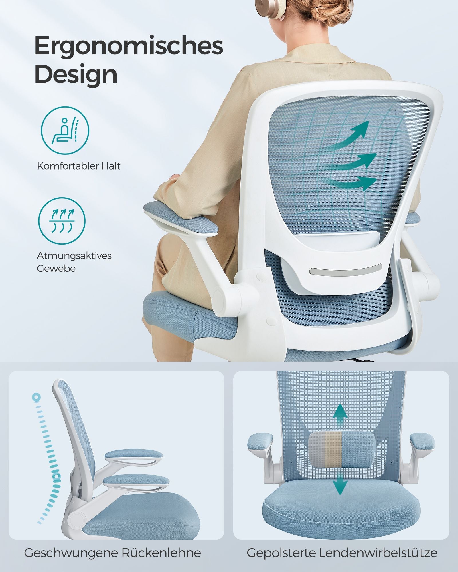 Bureaustoel – ergonomisch – met opklapbare armleuningen – mistblauw