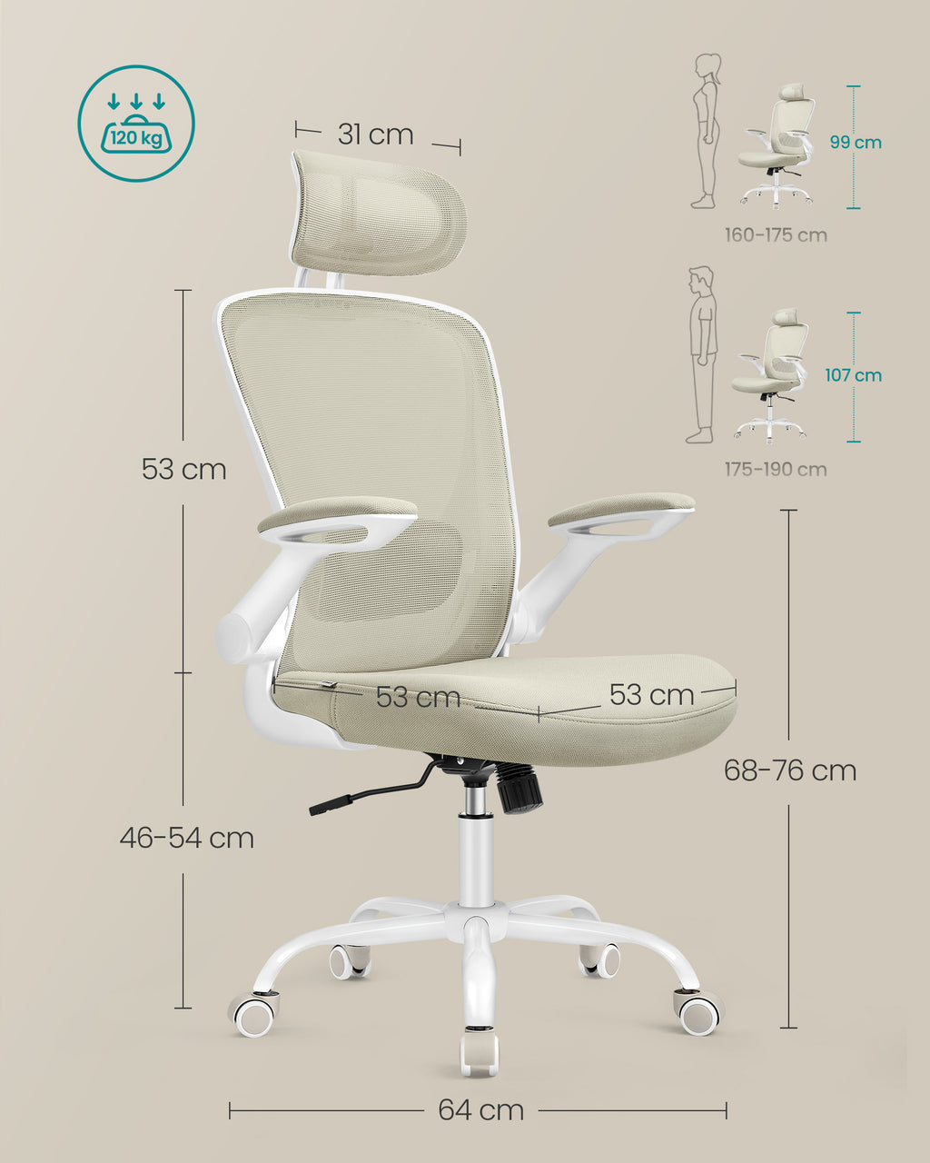 Bureaustoel – ergonomisch – met mesh – cappuccino beige
