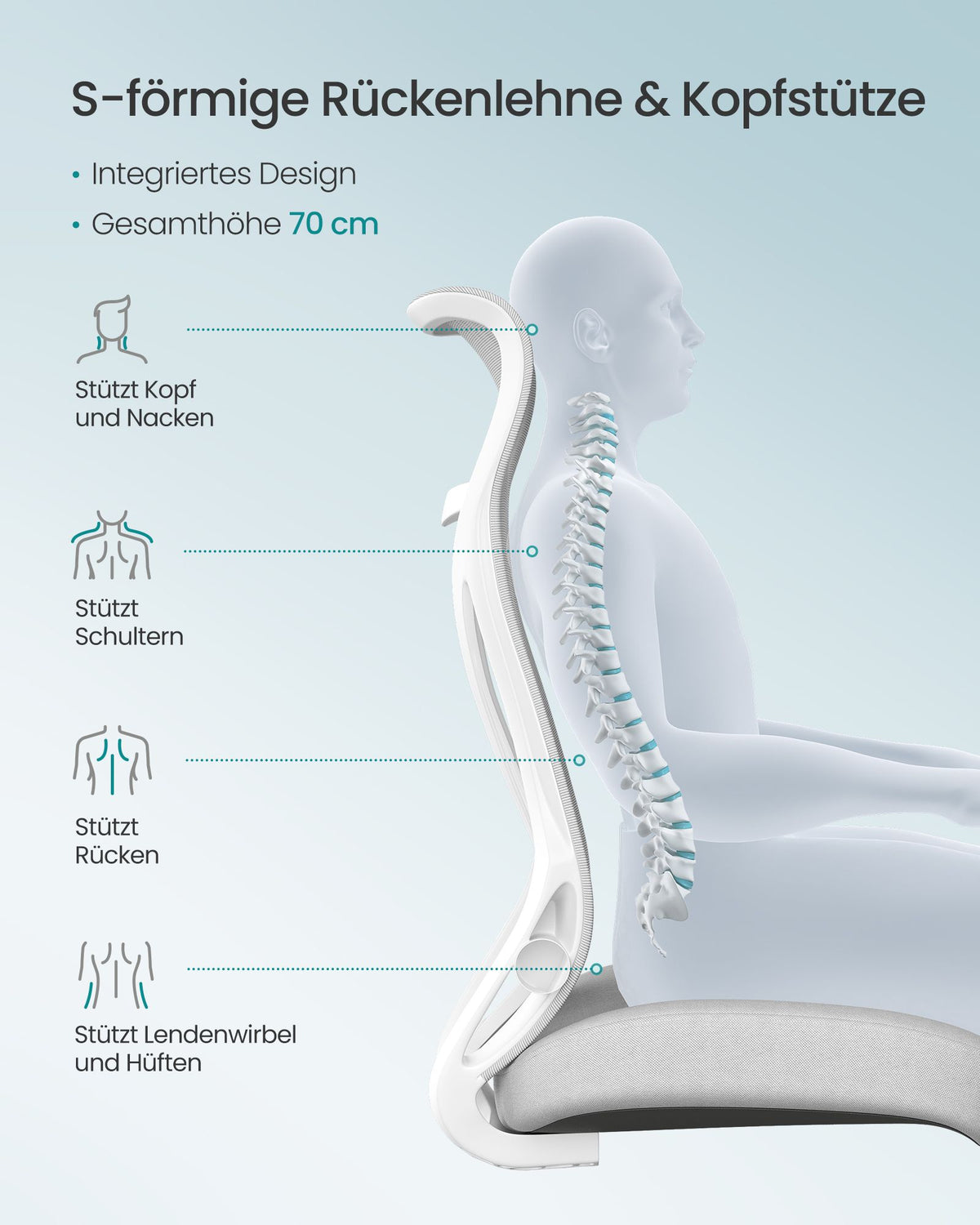 Bureaustoel – Ergonomische Rugleuning met Hoofdsteun – Opklapbare Armleuningen – Tot 150 kg – Duifgrijs