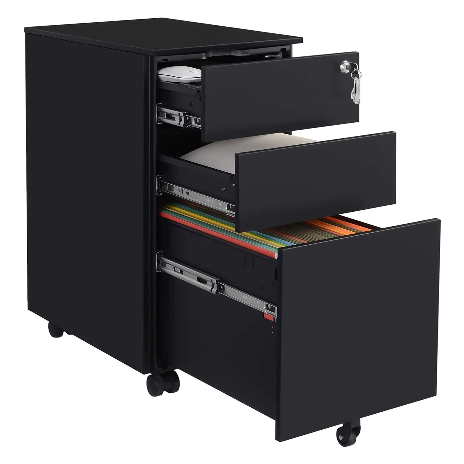 Bureaukast 30 x 45 x 60 cm – 3 lades – Met wielen – Tot 20 kg draagvermogen – Zwart