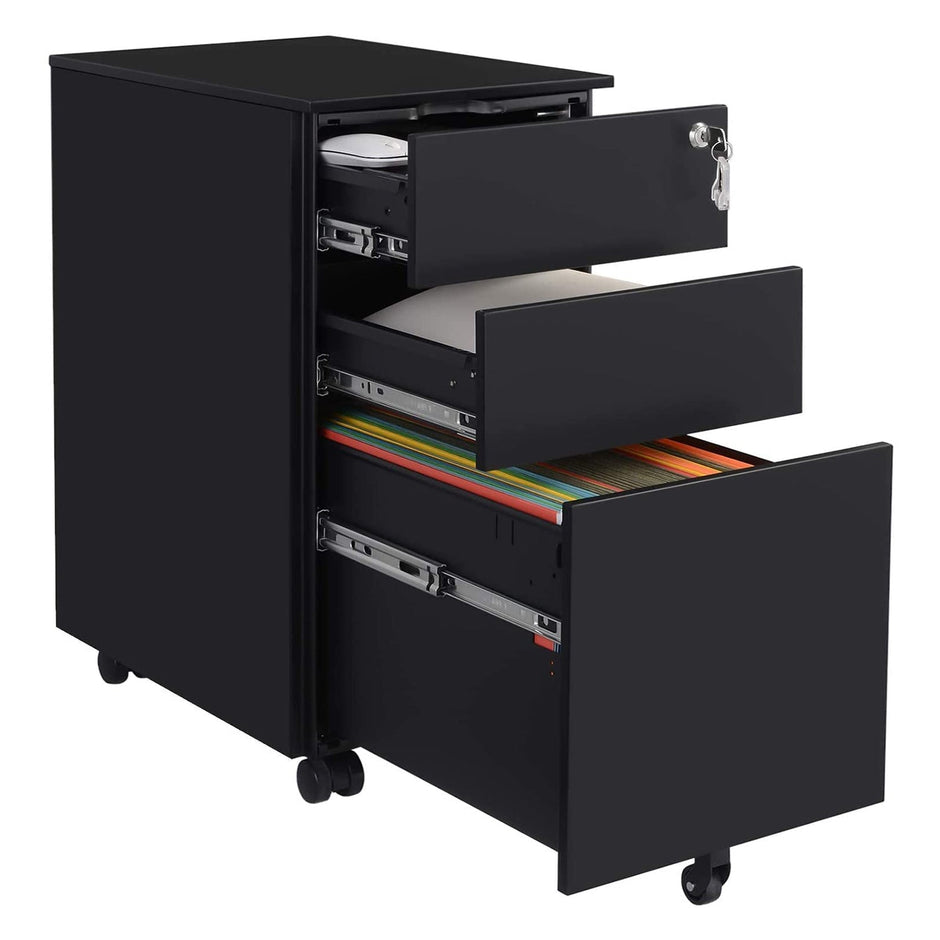 Bureaukast 30 x 45 x 60 cm – 3 lades – Met wielen – Tot 20 kg draagvermogen – Zwart