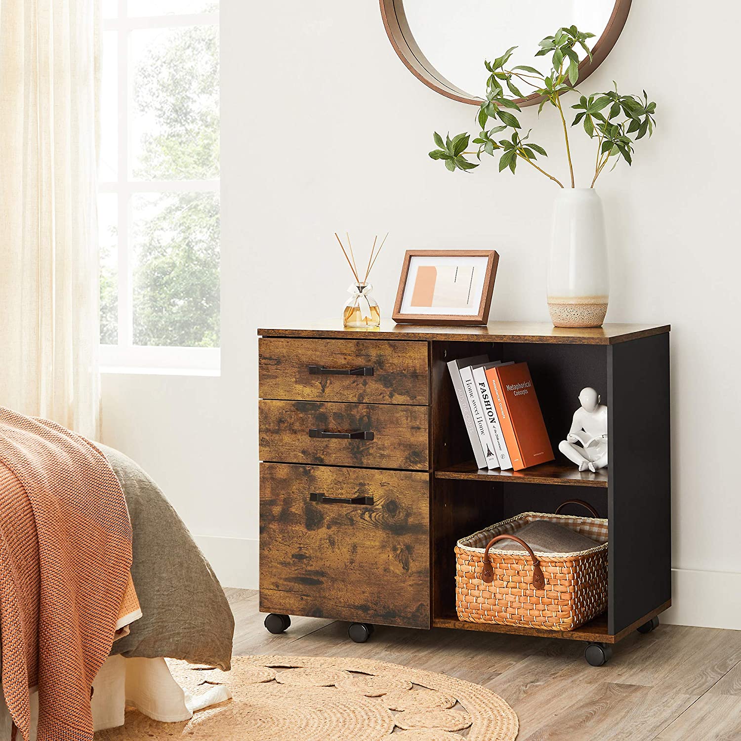 Archiefkast met 3 lades – Met wielen – Tot 60 kg draagvermogen – Vintage bruin-zwart