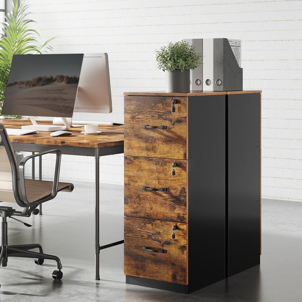 Archiefkast – 3 afsluitbare laden – Hout – Vintage bruin-zwart