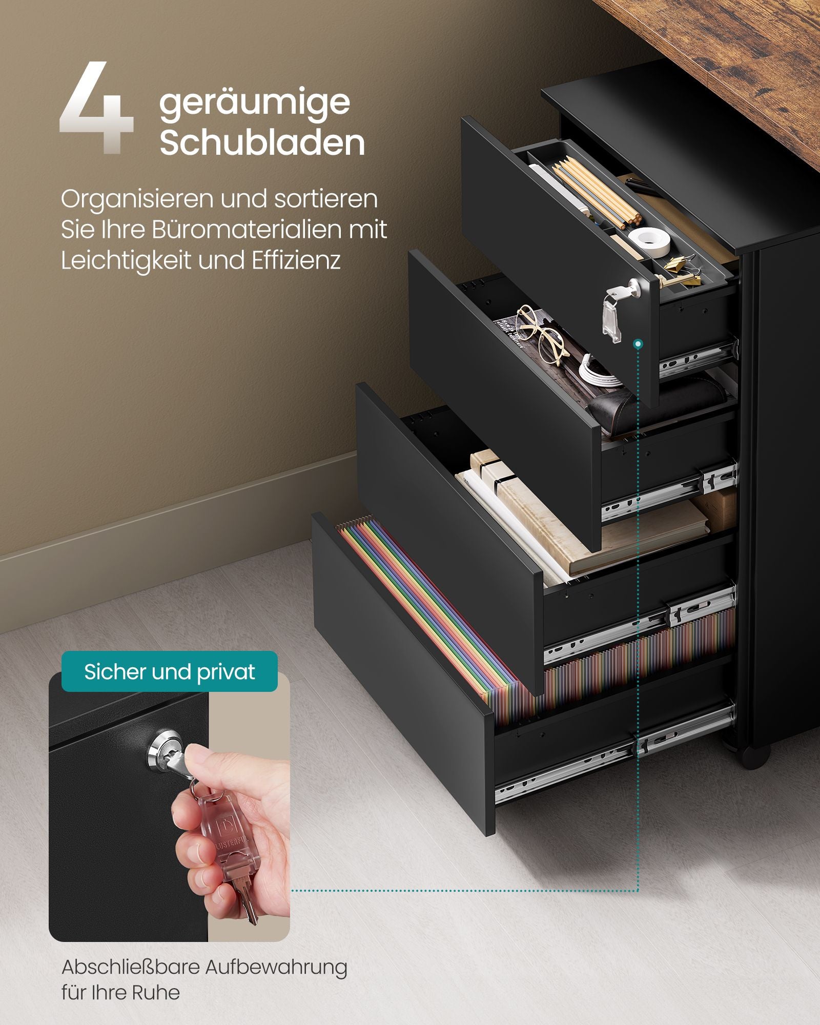 Rolcontainer – 4 laden – op wielen – inktzwart