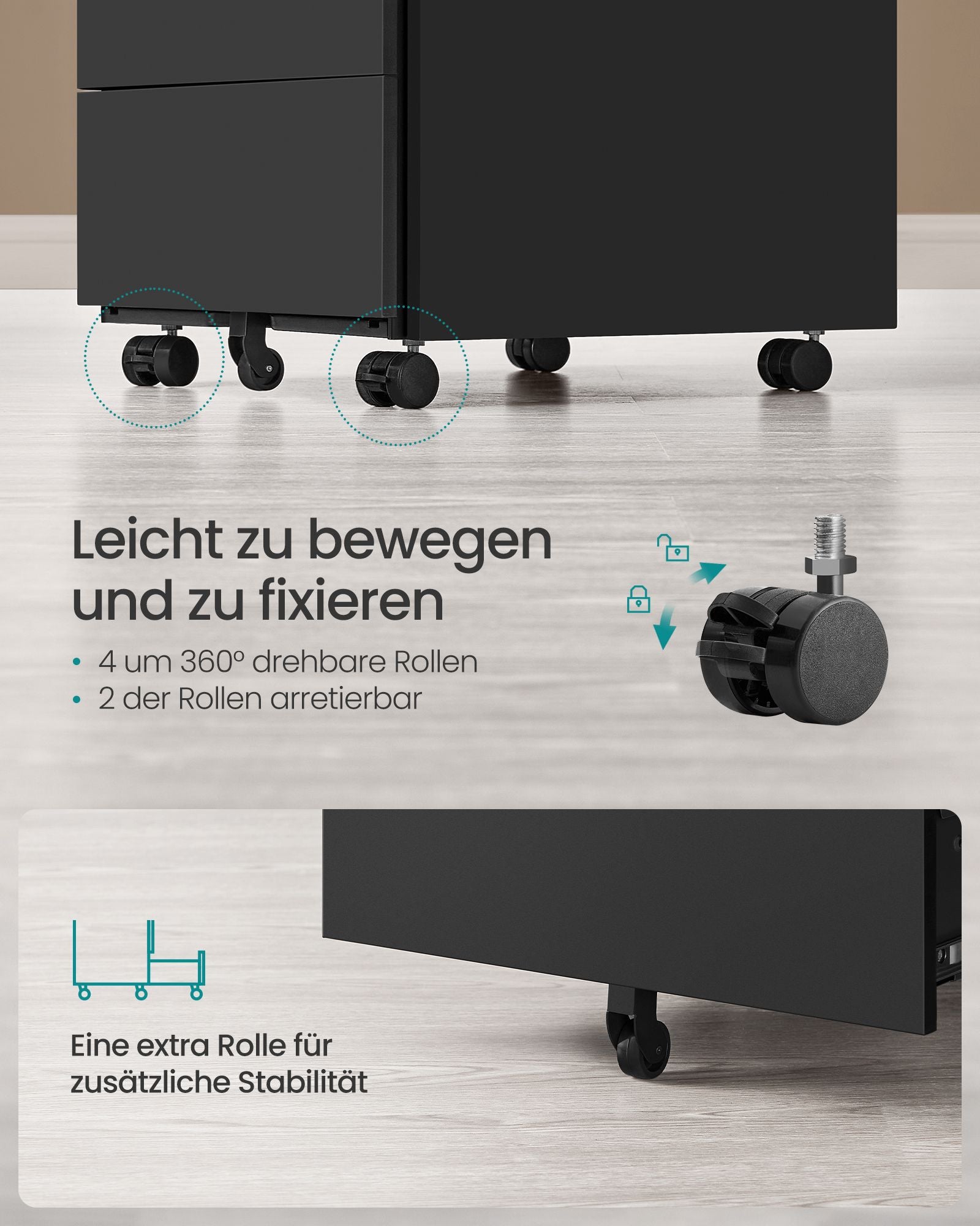 Rolcontainer – 4 laden – op wielen – inktzwart