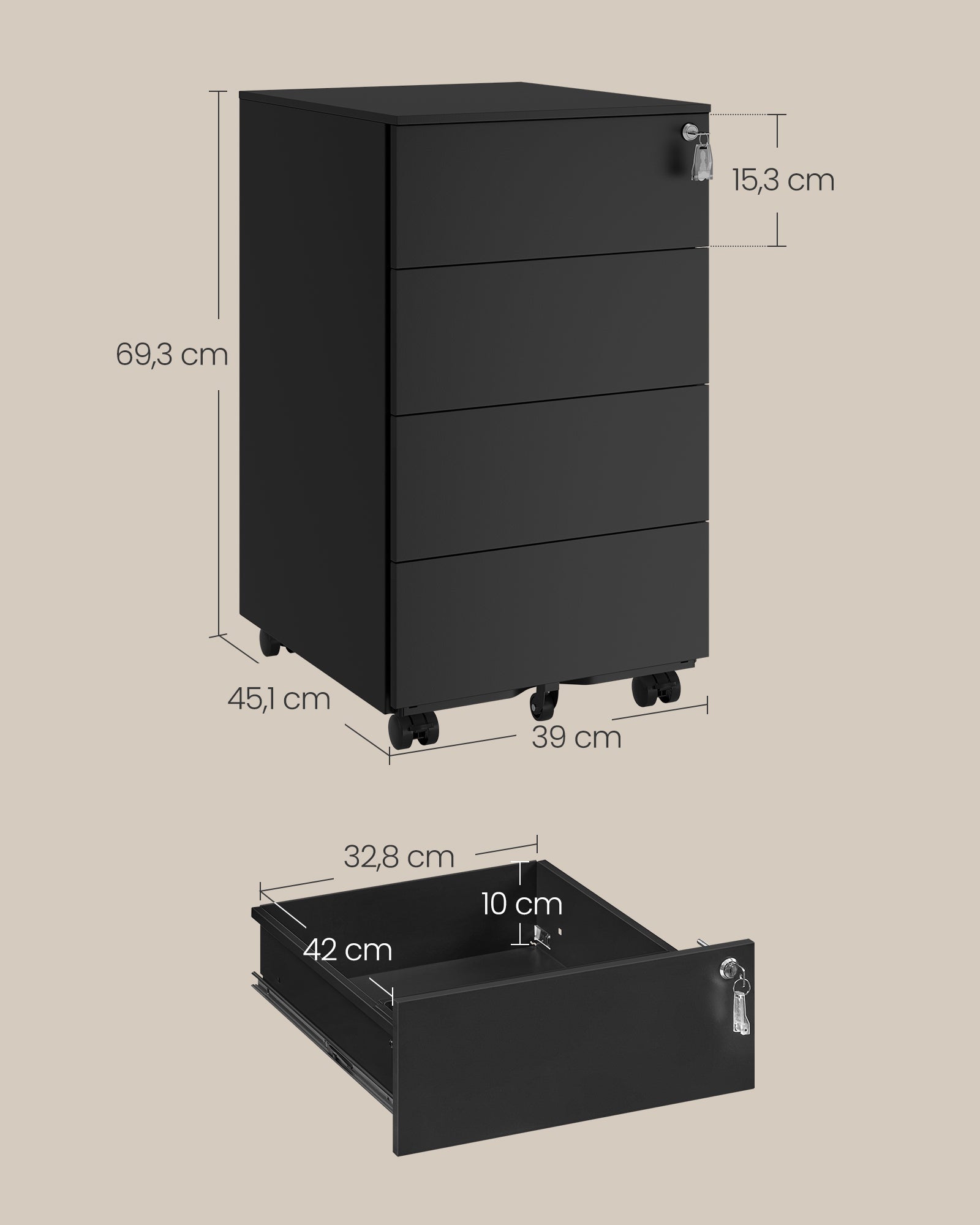 Rolcontainer – 4 laden – op wielen – inktzwart