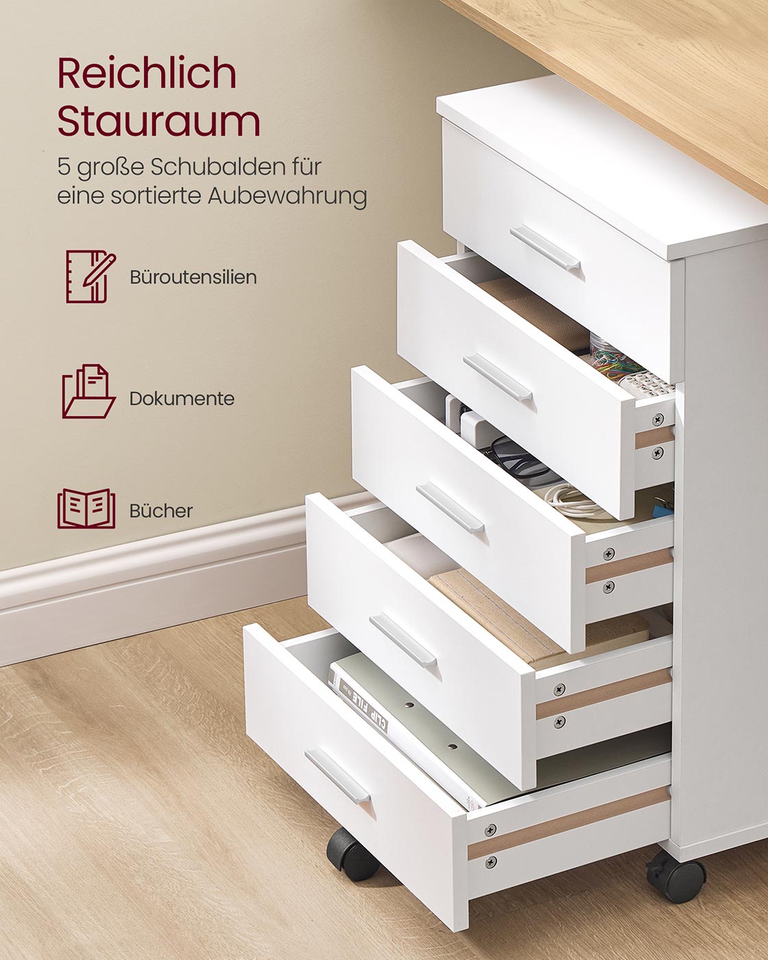 Mobiele rolcontainer – Vijf laden – Cloud White