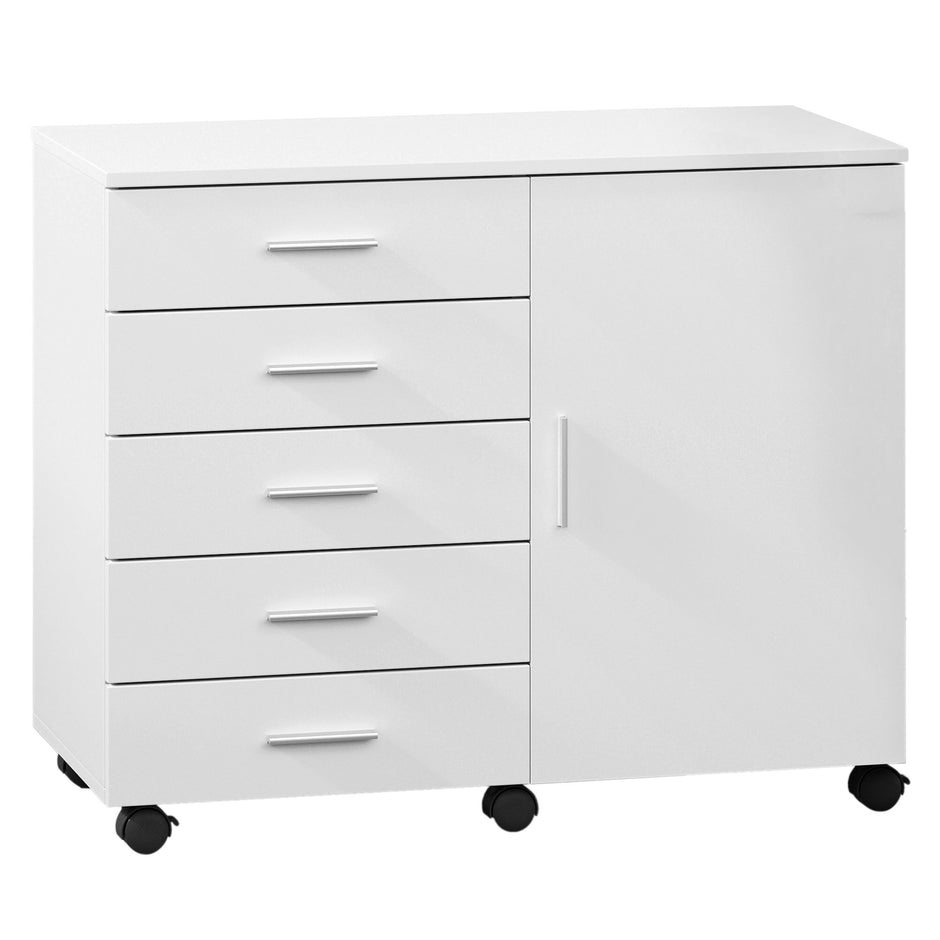 Rolcontainer - 5 Lades - Met Deur - Printerstandaard - Wit