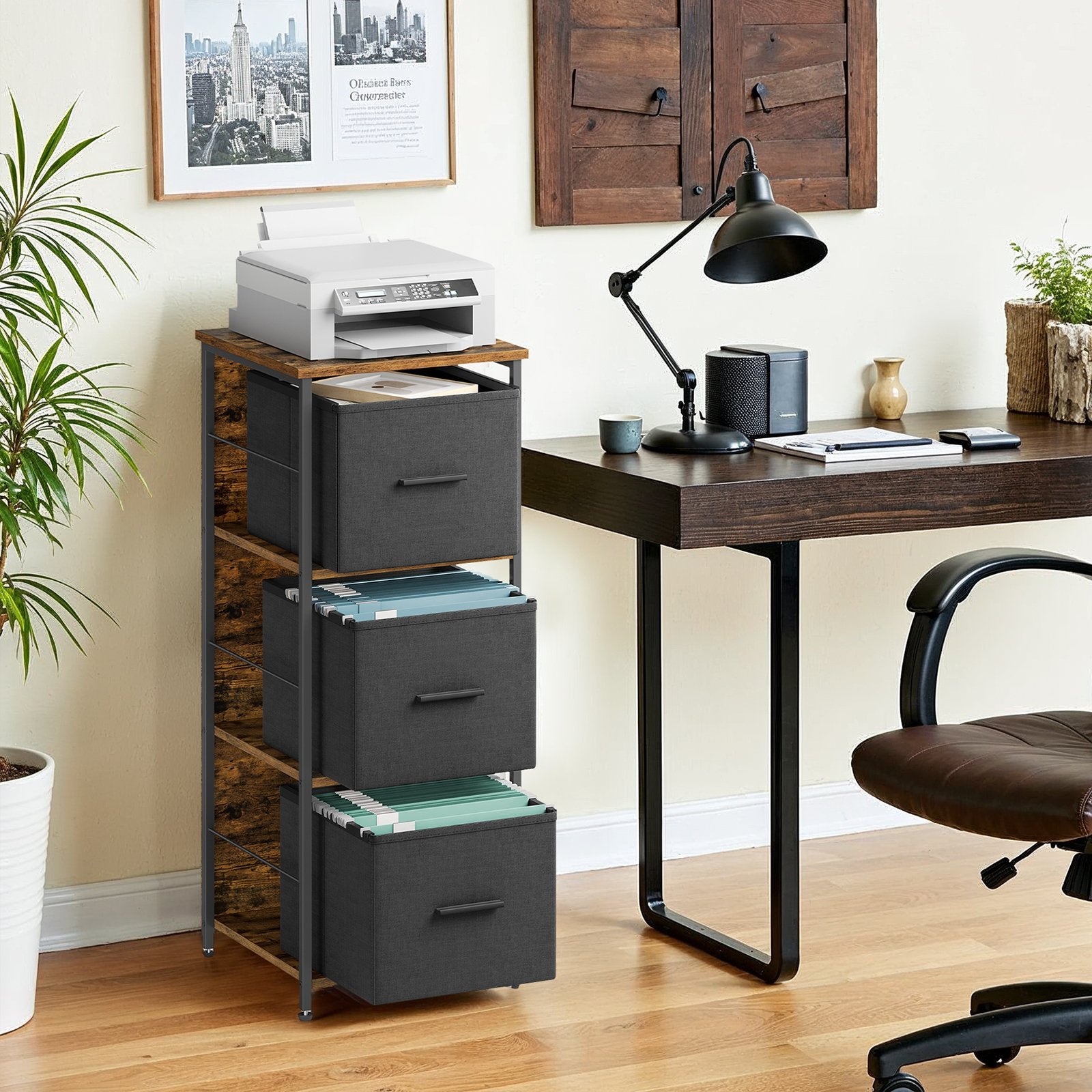 Archiefkast – 2 Laden – Printerstandaard – Vintage bruin-inkt zwart