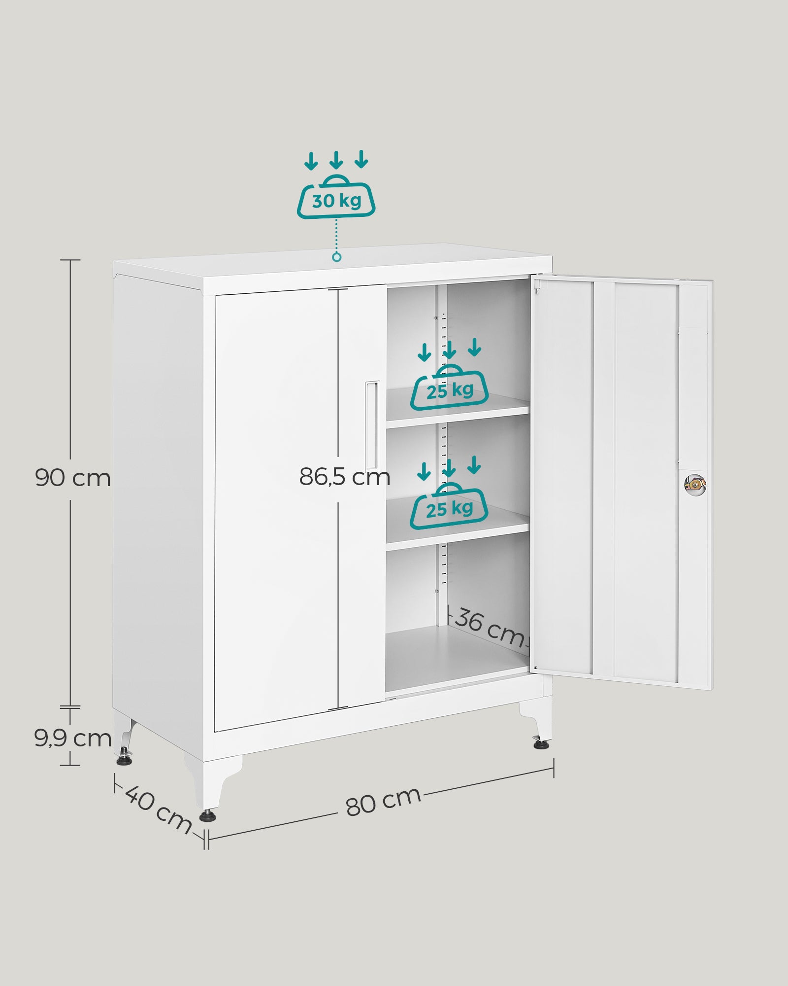 Afsluitbare archiefkast met 2 deuren – 40 × 80 × 90 cm – mat wit