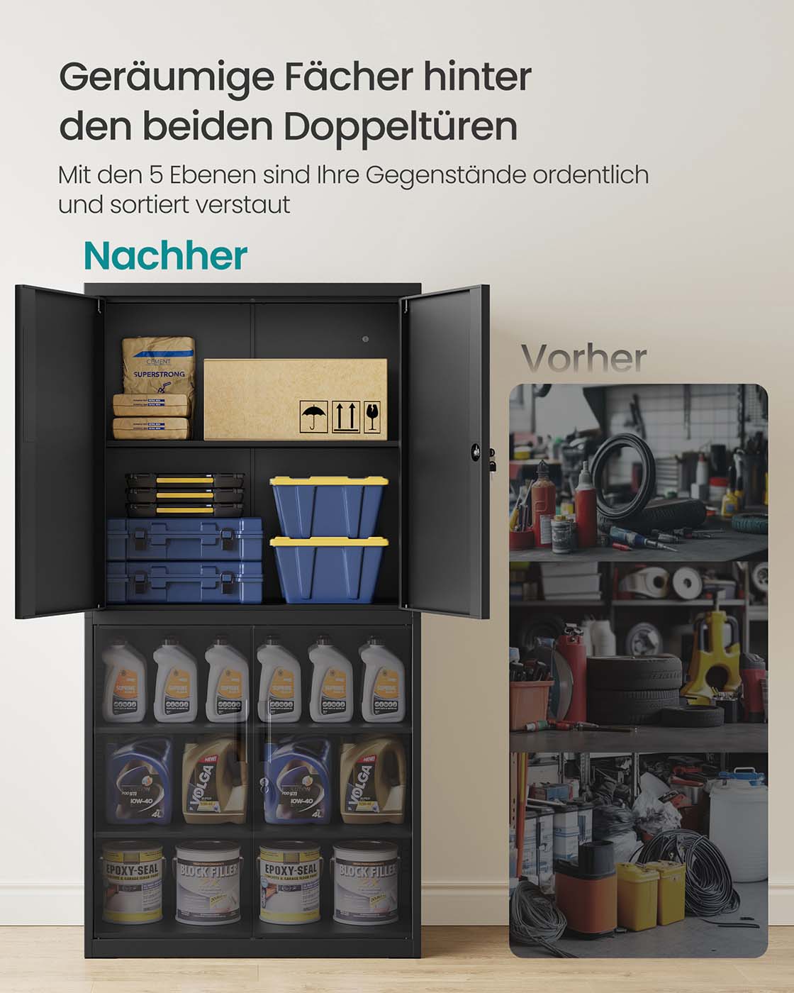 Archiefkast met 4 deuren en 5 niveaus 40 x 80 x 180 cm mat zwart