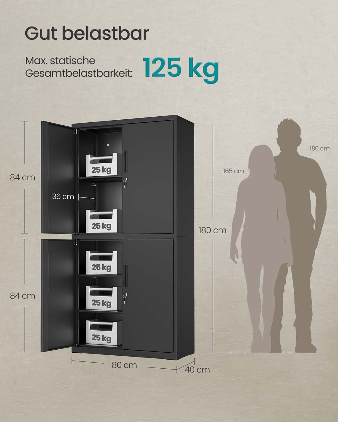 Archiefkast met 4 deuren en 5 niveaus 40 x 80 x 180 cm mat zwart