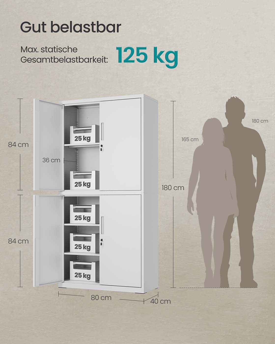 Archiefkast met 4 deuren en 5 niveaus 40 x 80 x 180 cm matgrijs