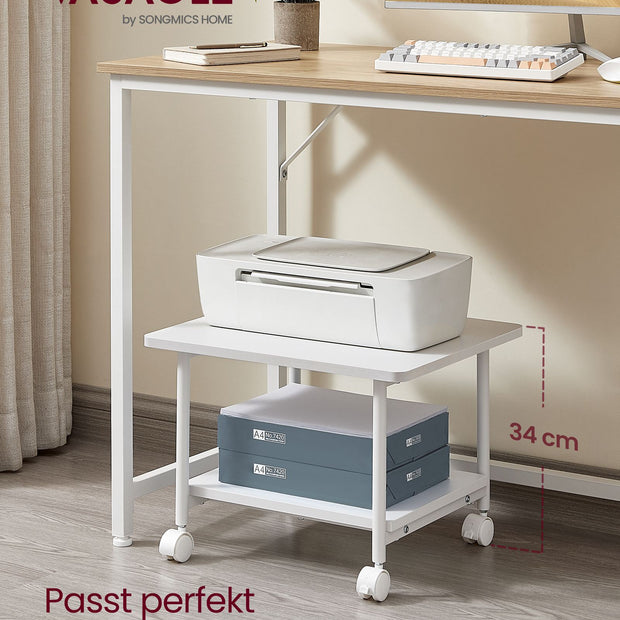 Printertafel - 48 x 40 x 34 cm - met wielen - 2 niveaus - wit - maximaal draagvermogen tafelblad 45 kg - maximaal draagvermogen onderste plank 15 kg