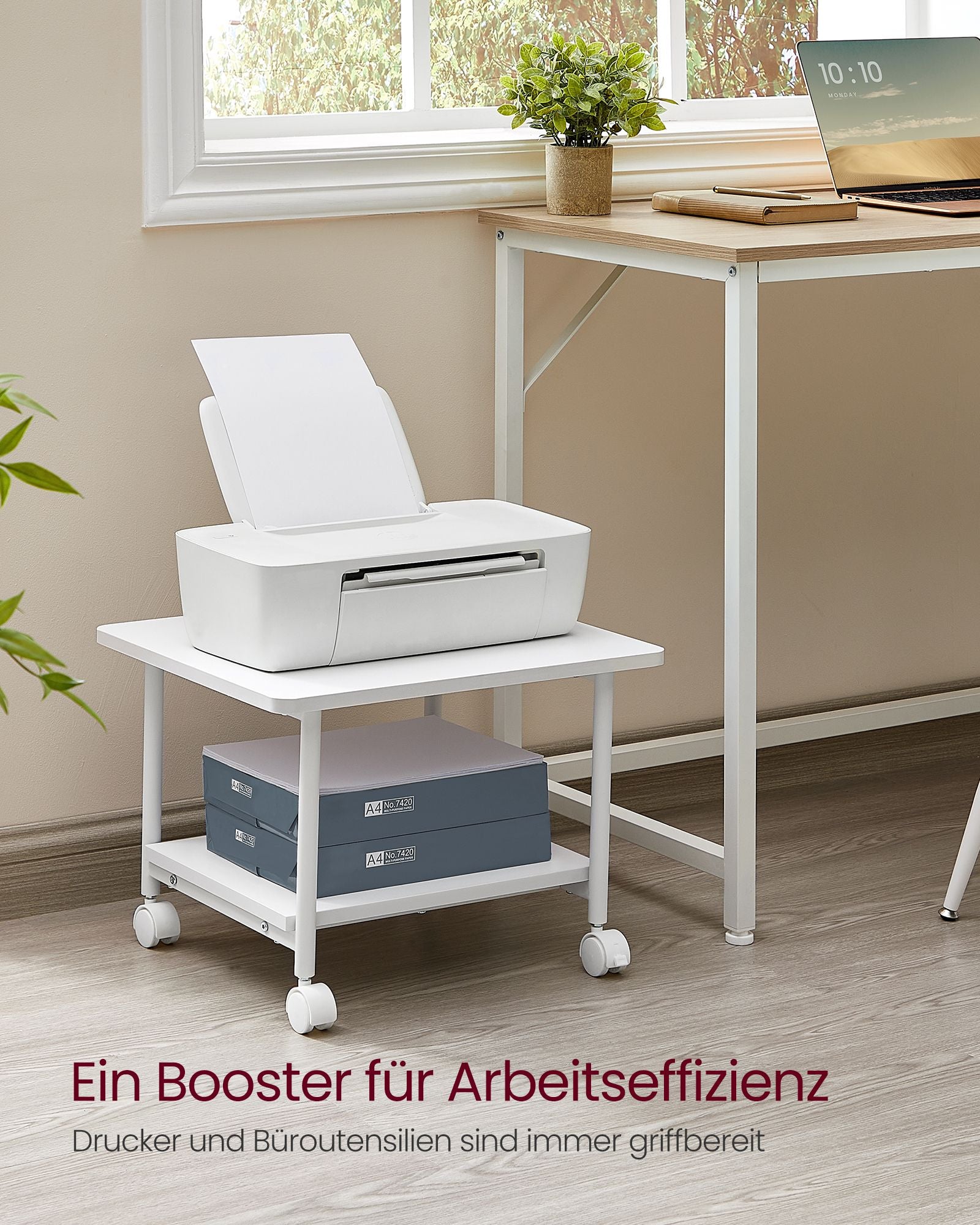 Printertafel - 48 x 40 x 34 cm - met wielen - 2 niveaus - wit - maximaal draagvermogen tafelblad 45 kg - maximaal draagvermogen onderste plank 15 kg