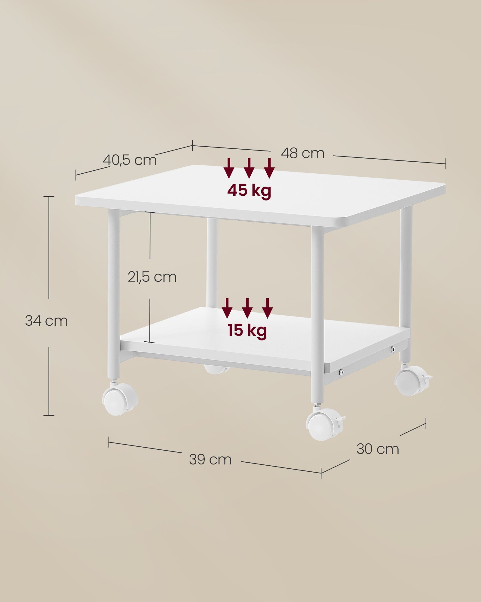 Printertafel - 48 x 40 x 34 cm - met wielen - 2 niveaus - wit - maximaal draagvermogen tafelblad 45 kg - maximaal draagvermogen onderste plank 15 kg