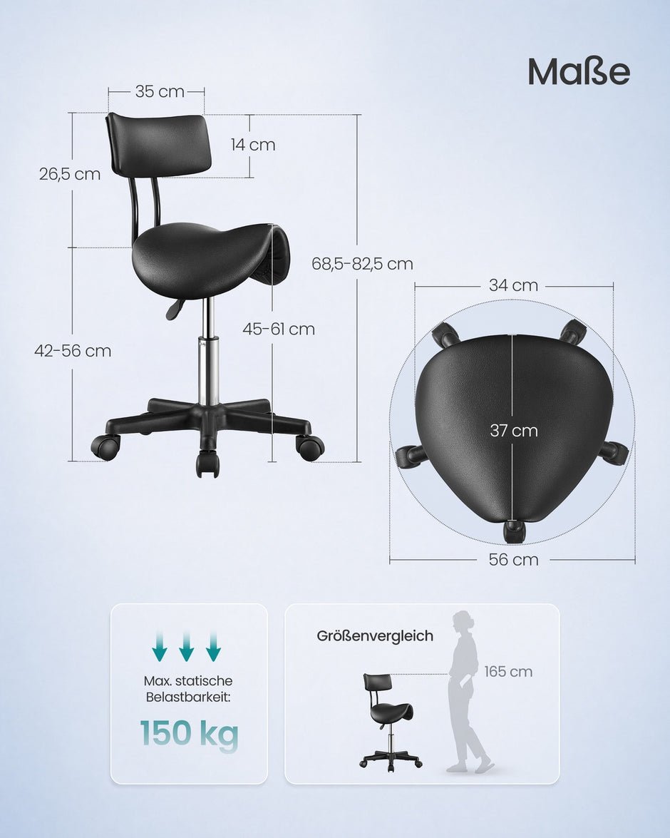 Zadelkruk - Ergonomisch - Op Wielen - 360° Draaibaar - Inktzwart