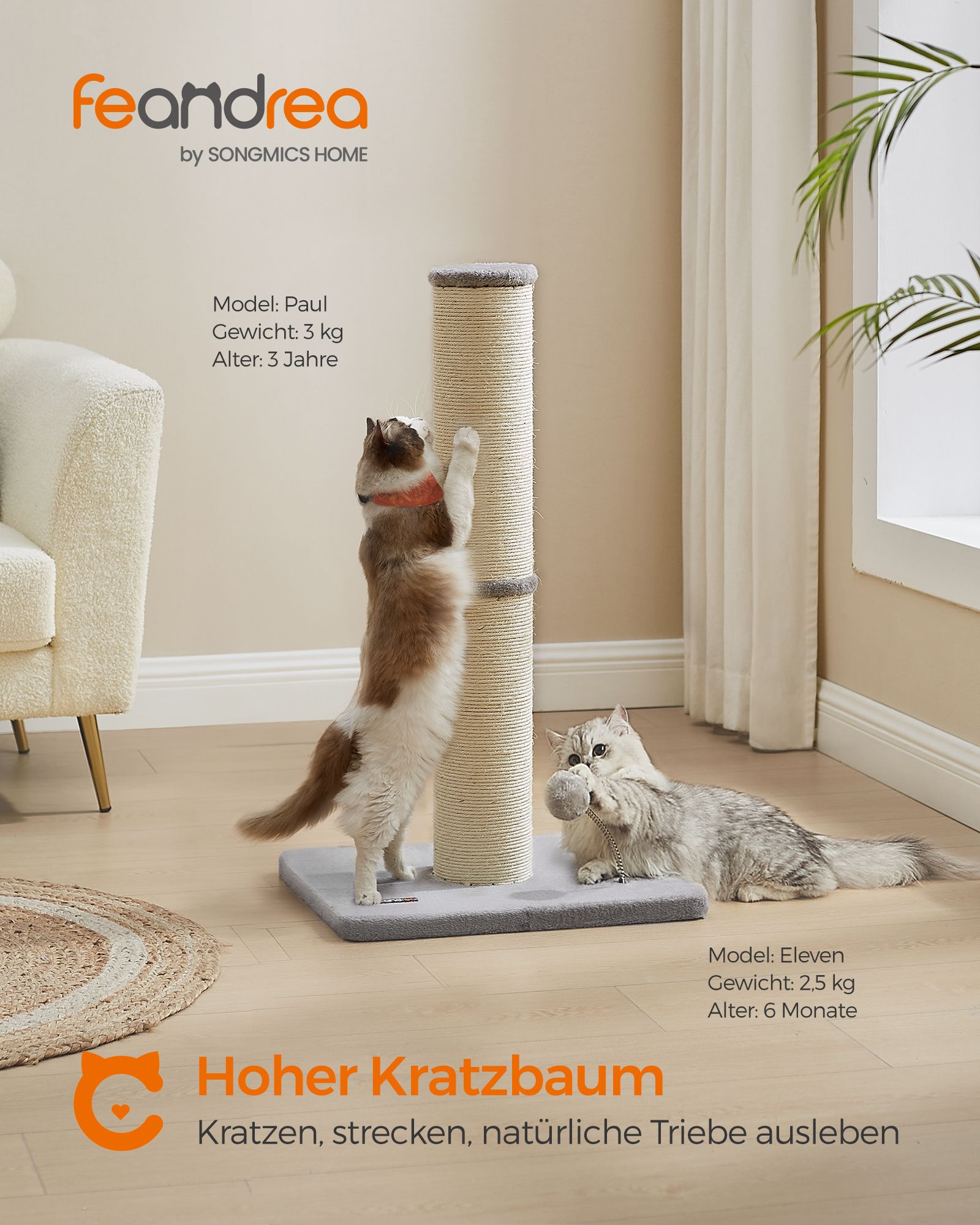 Krabpaal 85 cm Hoog met Bel en Pluchen Bal - Duifgrijs