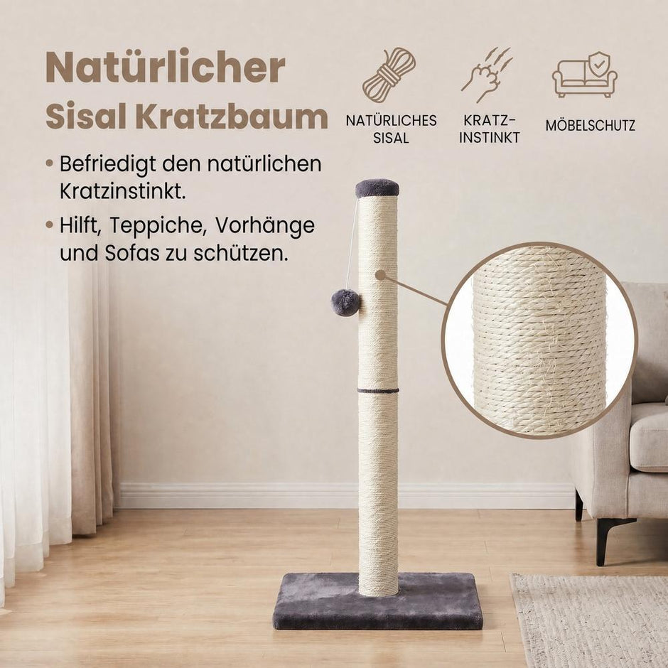 Krabpaal – Natuurlijk Sisal – Met Speelbal – 84 cm Hoog – Donkergrijs
