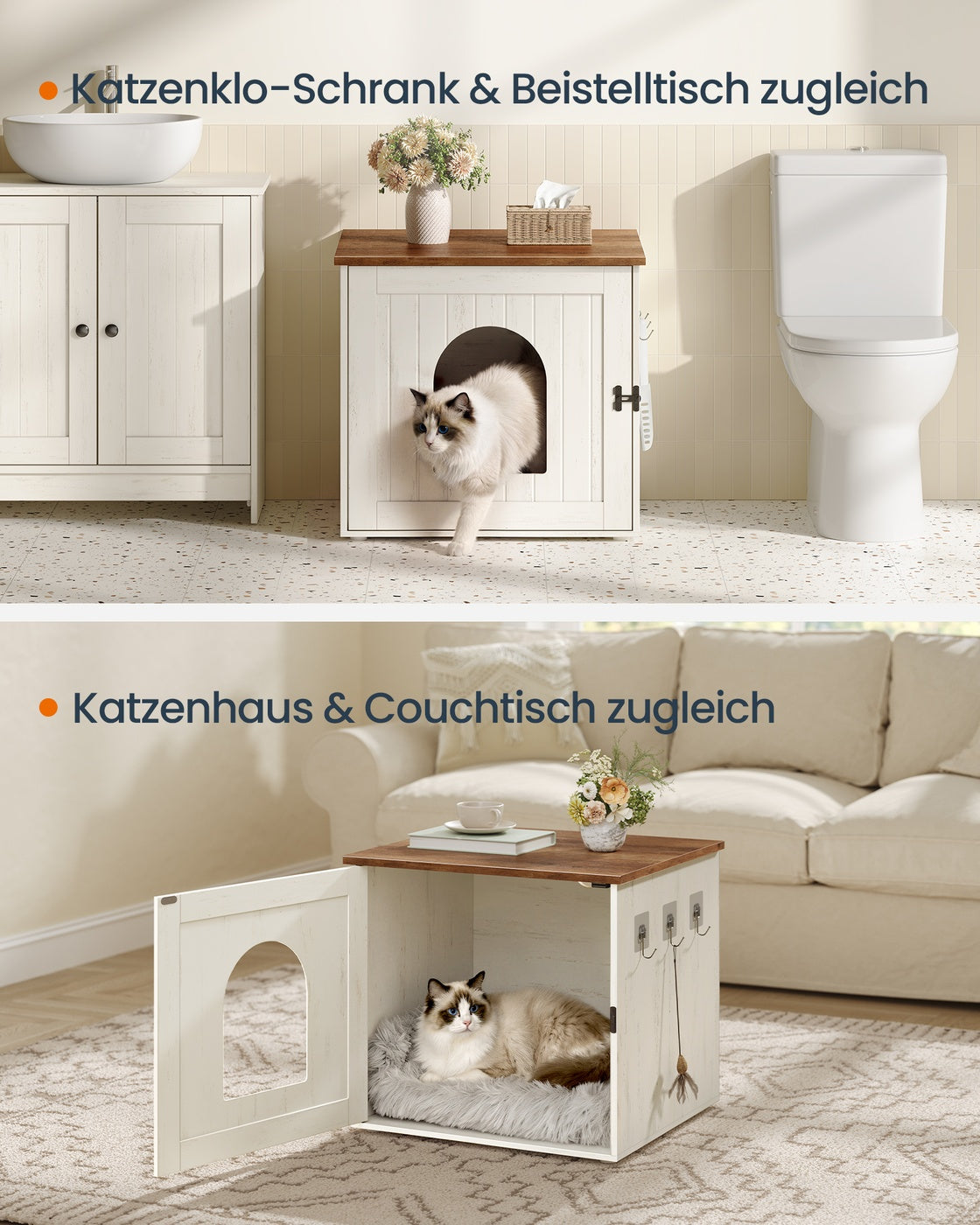 Kattenbakmeubel - 55 x 50 x 50 cm - spaanplaat en MDF - vintage wit-honingbruin - maximaal 50 kg