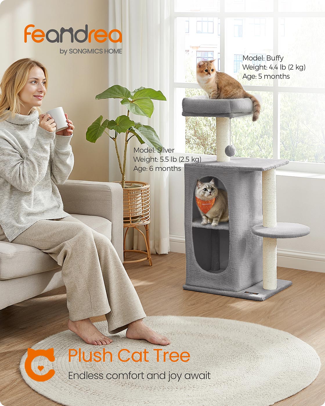 Kattenboom met 2 holen en 1 platform – Pluche – Lichtgrijs