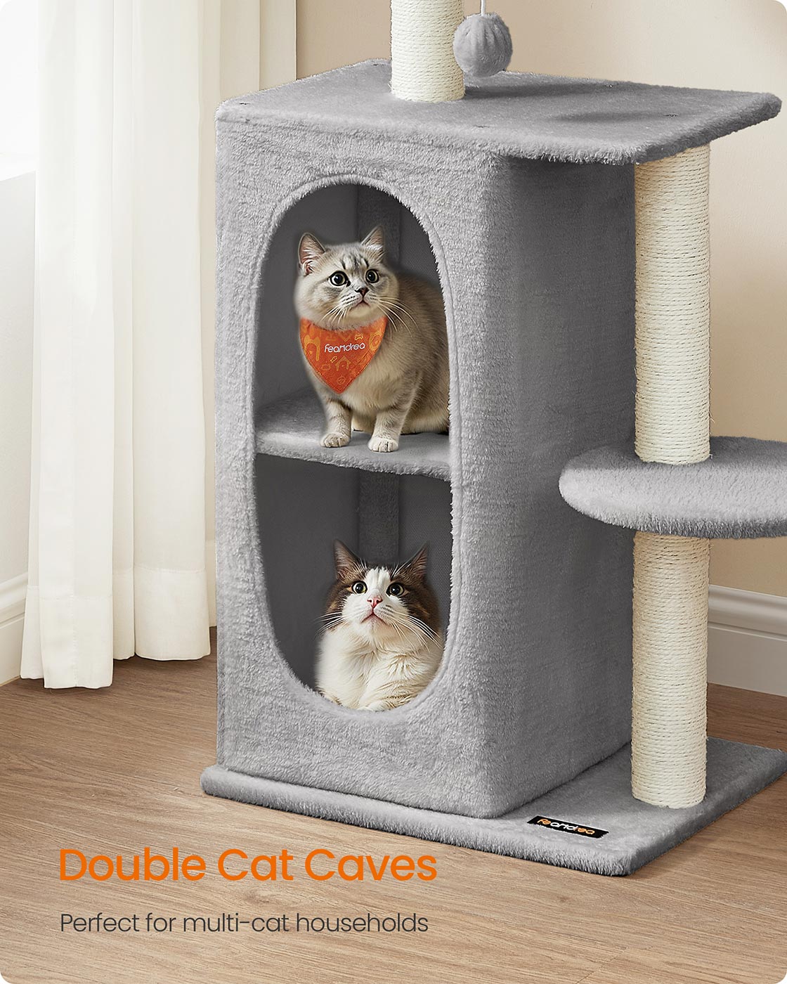 Kattenboom met 2 holen en 1 platform – Pluche – Lichtgrijs