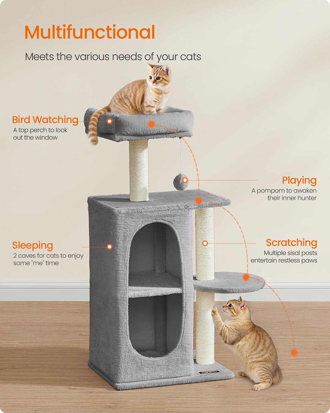 Kattenboom met 2 holen en 1 platform – Pluche – Lichtgrijs