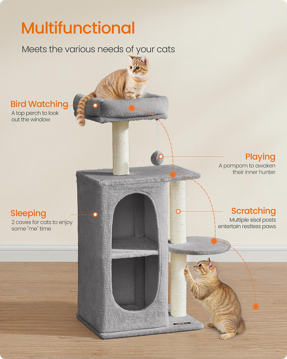 Kattenboom met 2 holen en 1 platform – Pluche – Lichtgrijs