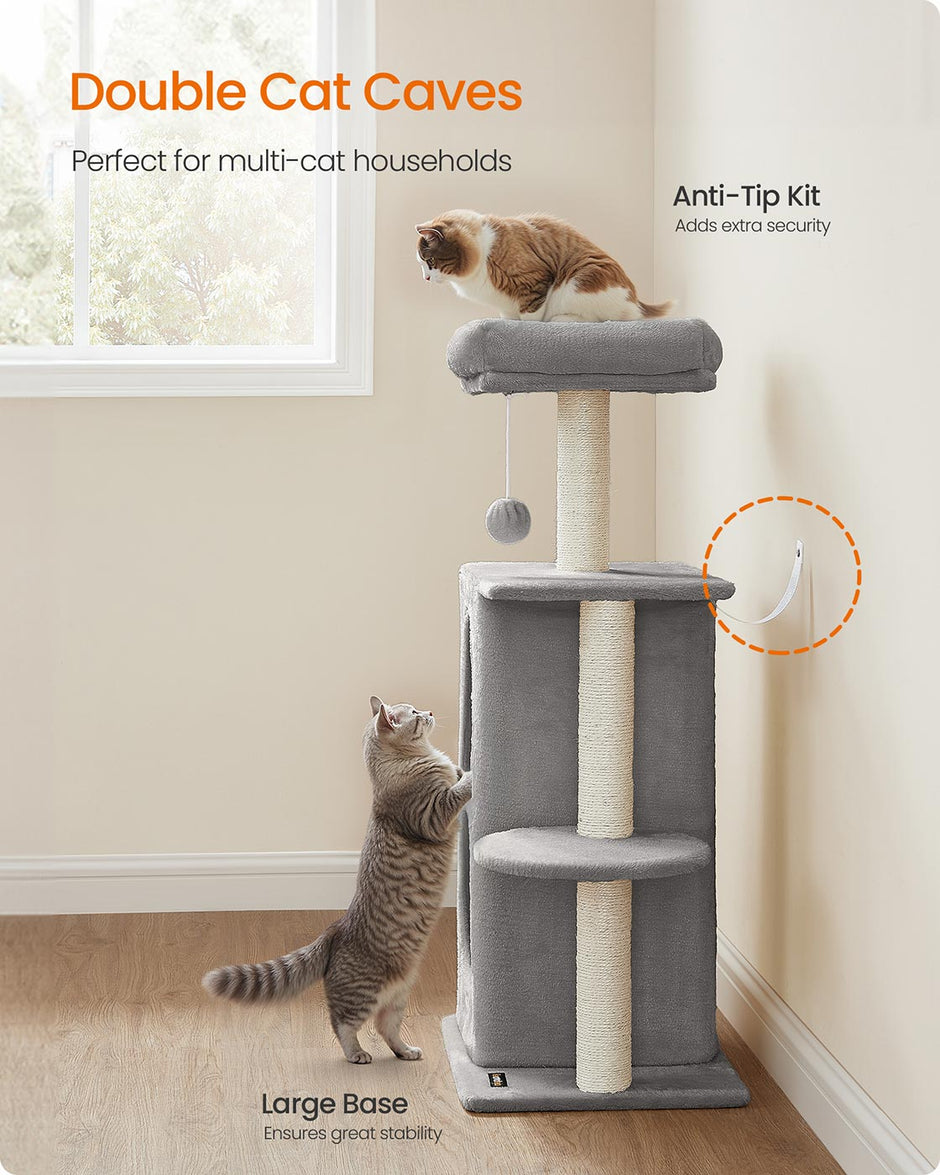 Kattenboom met 2 holen en 1 platform – Pluche – Lichtgrijs