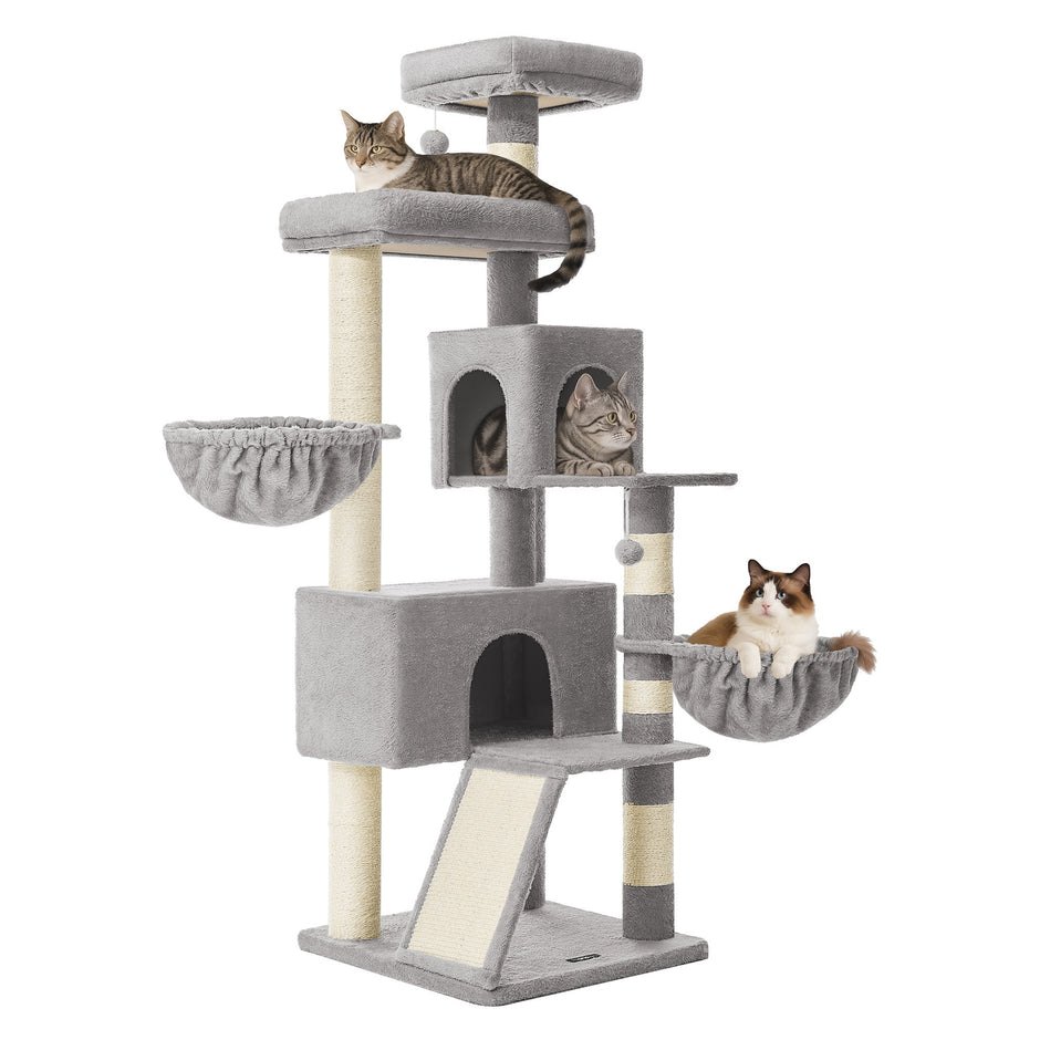 Krabpaal - 55 x 55 x 174 cm - met groot platform en dubbele grot - duifgrijs - 19,4 kg