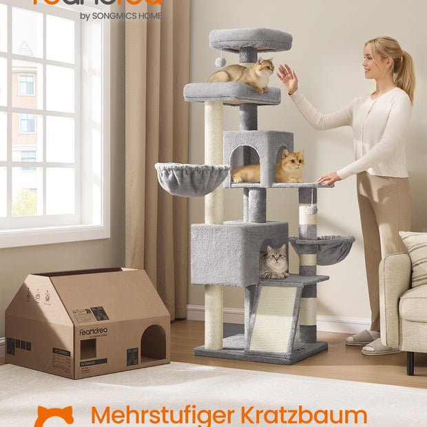 Krabpaal - 55 x 55 x 174 cm - met groot platform en dubbele grot - duifgrijs - 19,4 kg