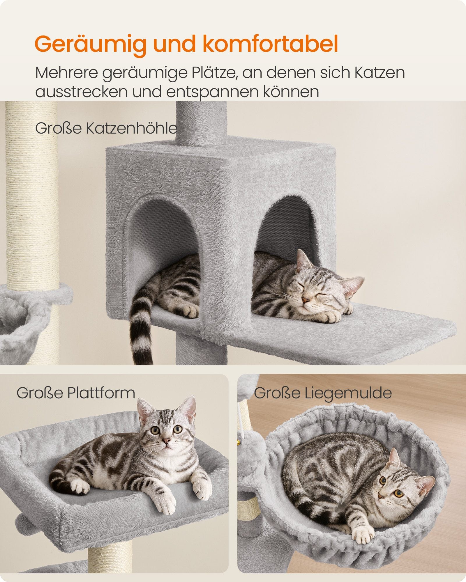 Krabpaal - 55 x 55 x 174 cm - met groot platform en dubbele grot - duifgrijs - 19,4 kg