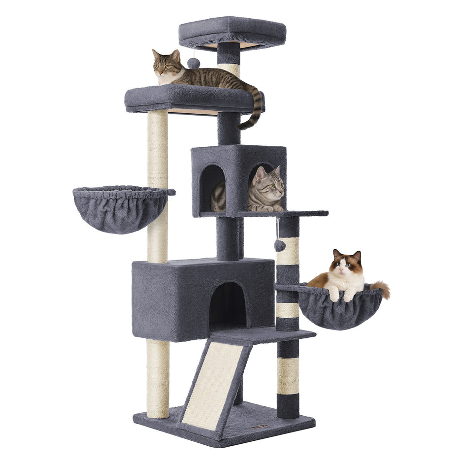 Krabpaal 55 x 55 x 174 cm - Groot platform - Dubbele grot - Donkergrijs - 19,4 kg maximum capaciteit