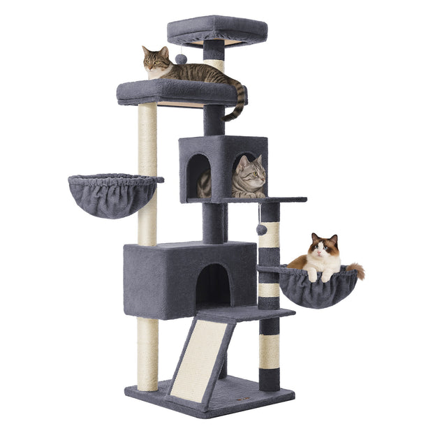 Krabpaal 55 x 55 x 174 cm - Groot platform - Dubbele grot - Donkergrijs - 19,4 kg maximum capaciteit