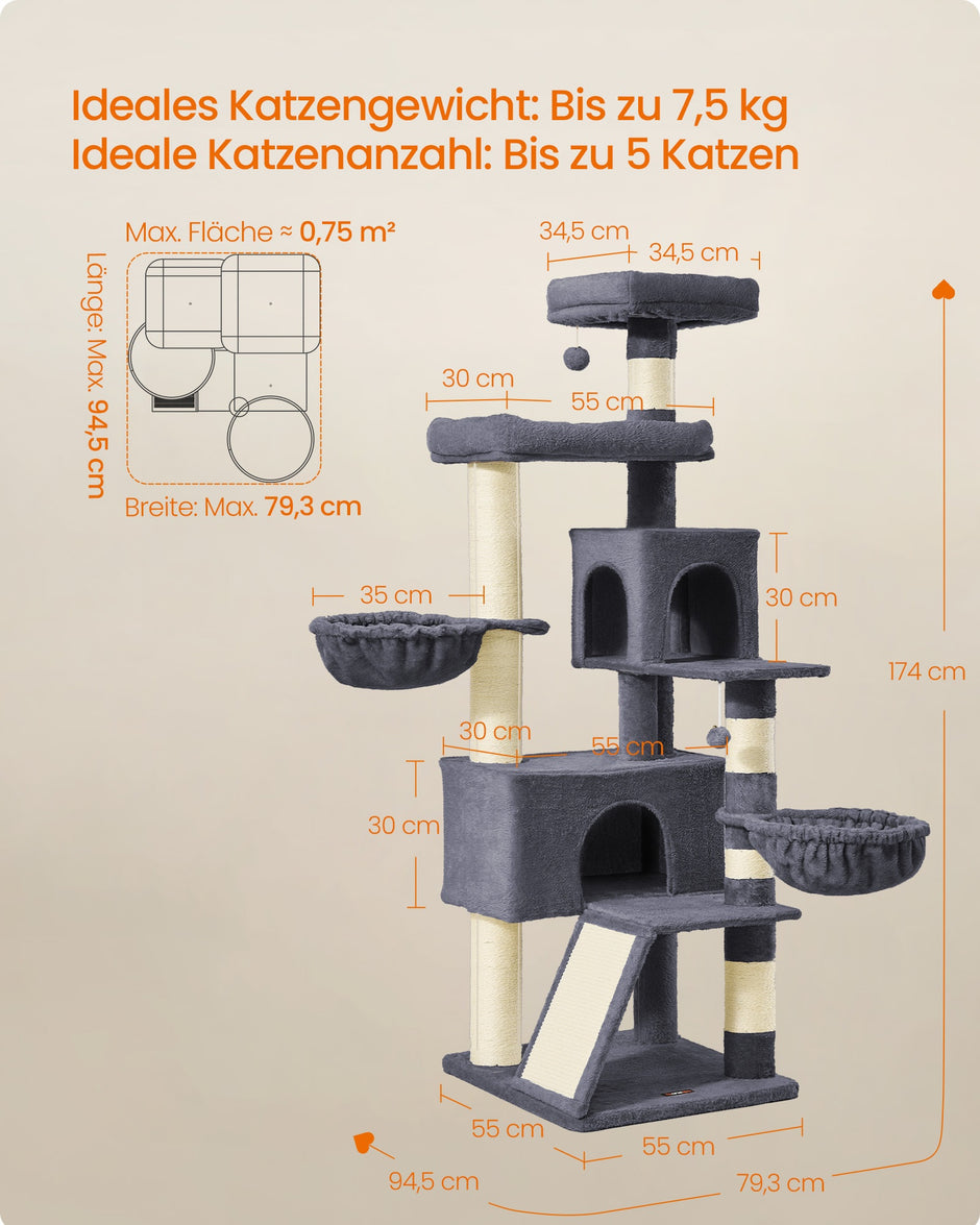 Krabpaal - 174 cm - Groot Platform - Dubbele Grot - Donkergrijs