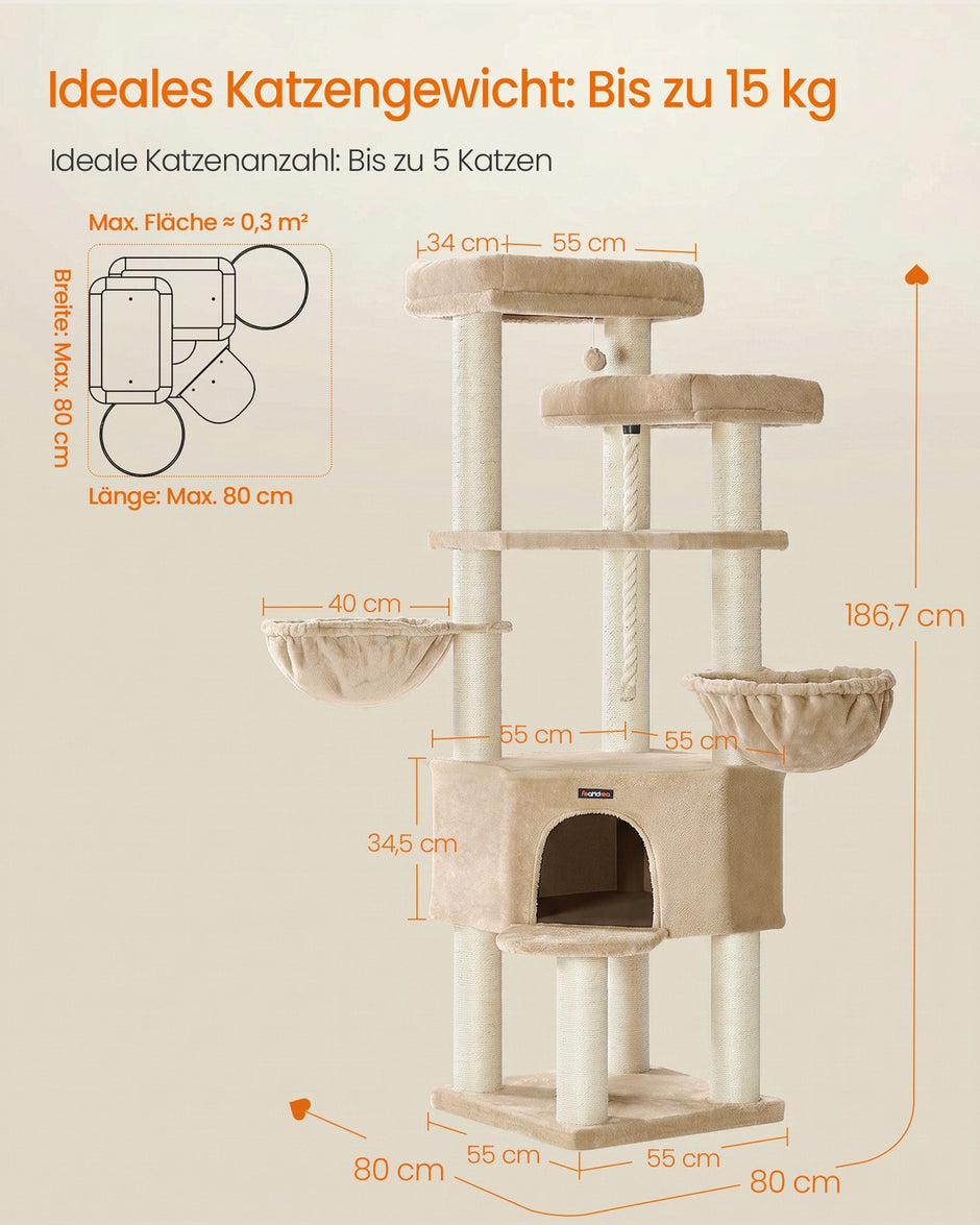 Grote Kattenboom – Meerdere Verdiepingen – Sisalstammen van 11 cm – 186,7 cm Hoog – Kameelbruin