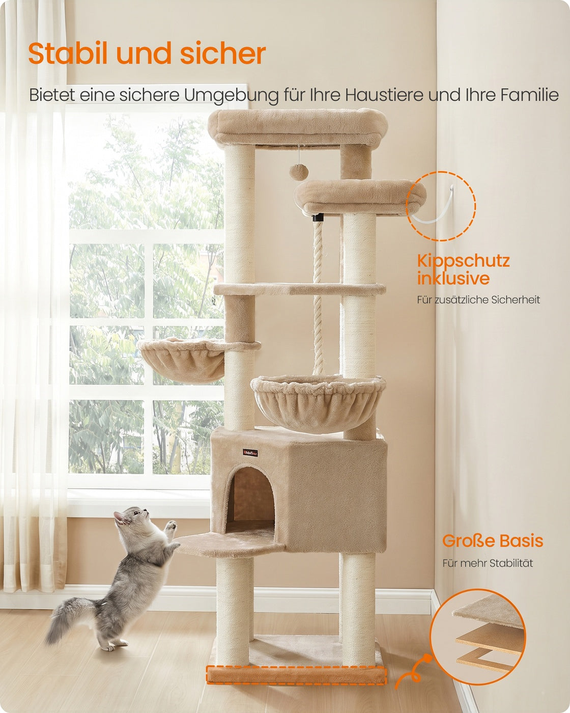 Grote Kattenboom – Meerdere Verdiepingen – Sisalstammen van 11 cm – 186,7 cm Hoog – Kameelbruin