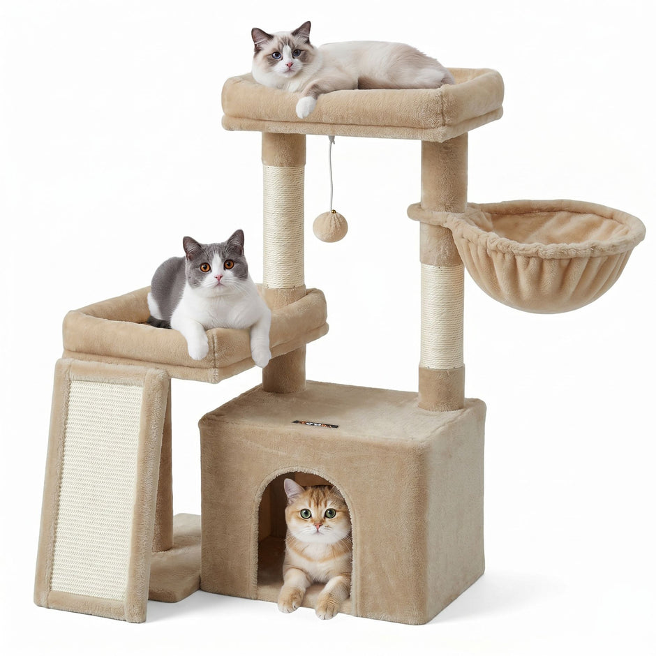 Krabpaal – Met Krabplank en Kattenhol – Pluche en Sisal – 86 cm – Licht Kameelbruin