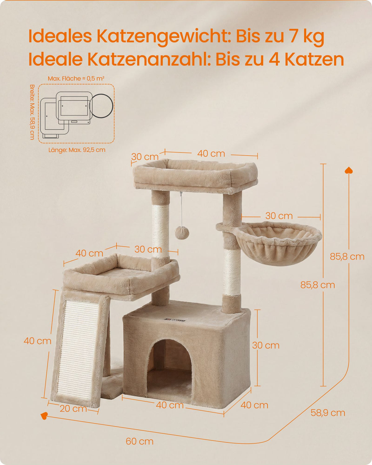Krabpaal – Met Krabplank en Kattenhol – Pluche en Sisal – 86 cm – Licht Kameelbruin