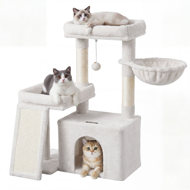 Krabpaal – Met Krabplank en Kattenhol – Pluche en Sisal – 86 cm – Crèmewit