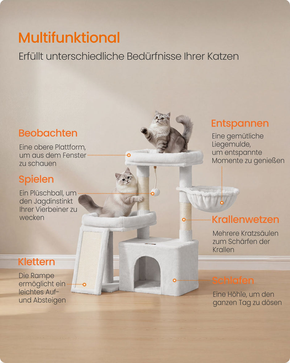 Krabpaal – Met Krabplank en Kattenhol – Pluche en Sisal – 86 cm – Crèmewit