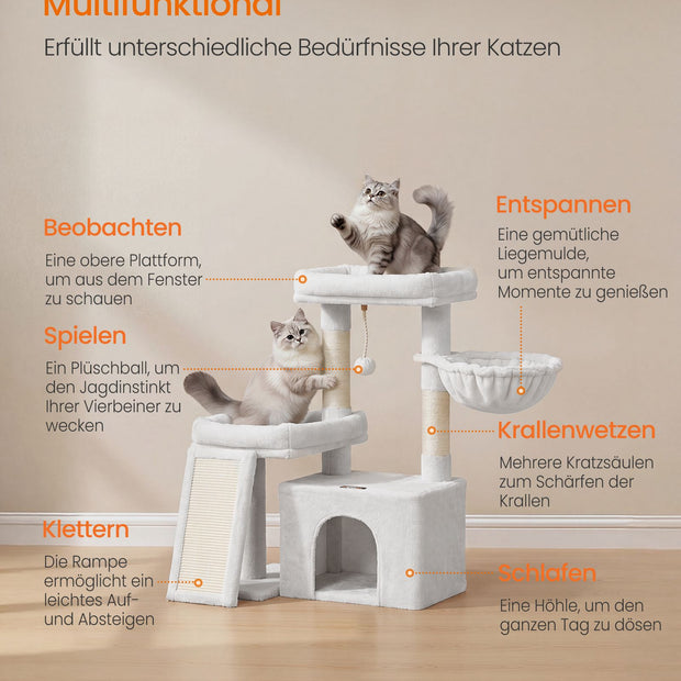 Krabpaal – Met Krabplank en Kattenhol – Pluche en Sisal – 86 cm – Crèmewit