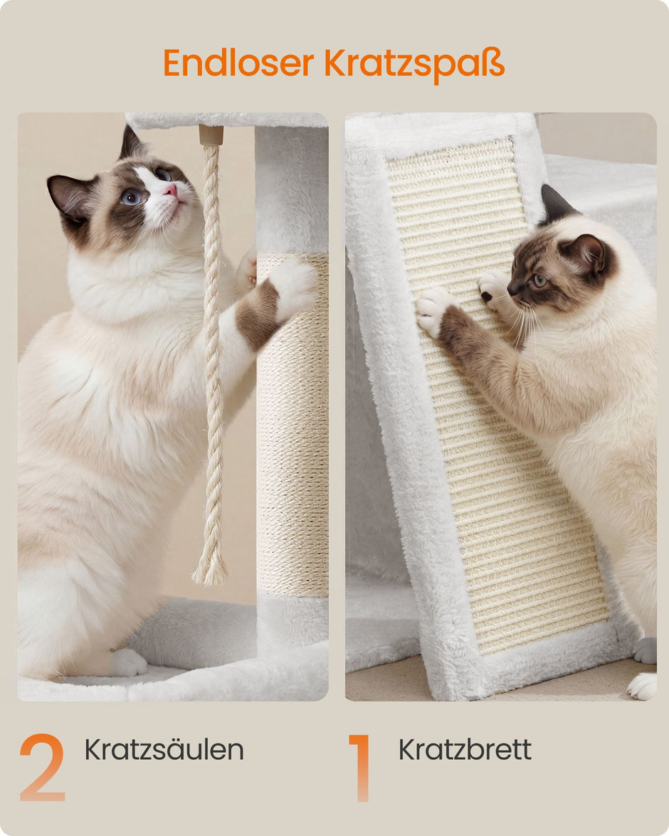 Krabpaal – Met Krabplank en Kattenhol – Pluche en Sisal – 86 cm – Crèmewit