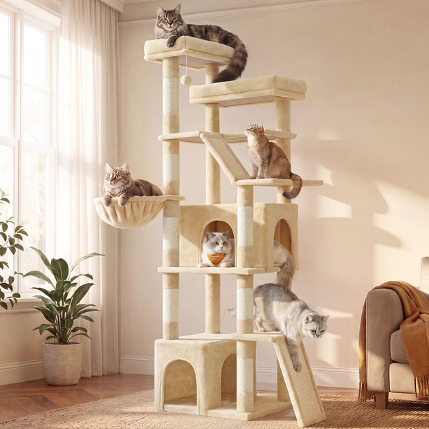 Grote Kattenboom – 184,5 cm – 7 Krabpalen – 2 Holen – Hangmat en 2 Ligplekken – Zandbeige