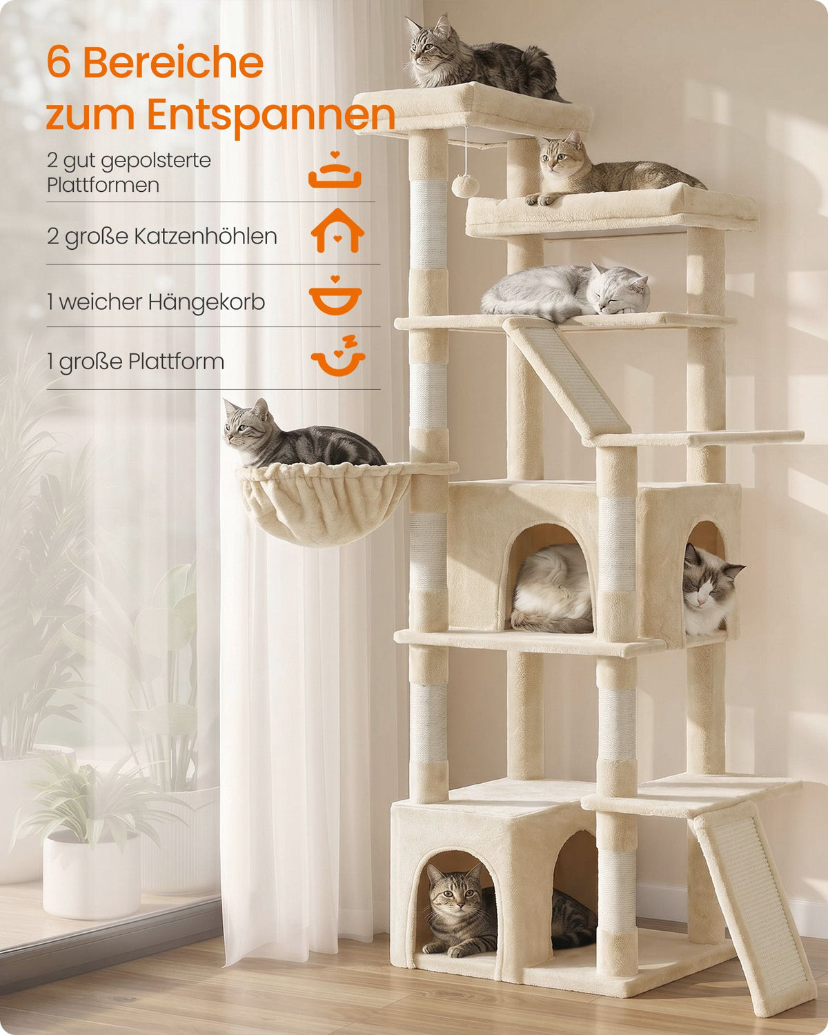 Grote Kattenboom – 184,5 cm – 7 Krabpalen – 2 Holen – Hangmat en 2 Ligplekken – Zandbeige