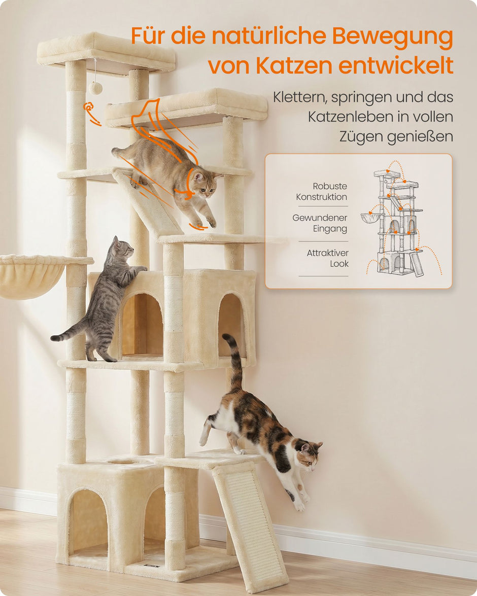 Grote Kattenboom – 184,5 cm – 7 Krabpalen – 2 Holen – Hangmat en 2 Ligplekken – Zandbeige